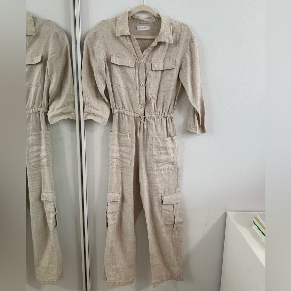 Zara Tan Utility Jumpsuit with Cinched Waist
